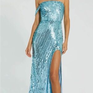 Mac Duggal Blue One Shoulder Mesh Sequin Gown With Slit